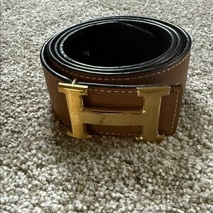 Hermes reversible Brown and black Leather Belt with Gold Buckle